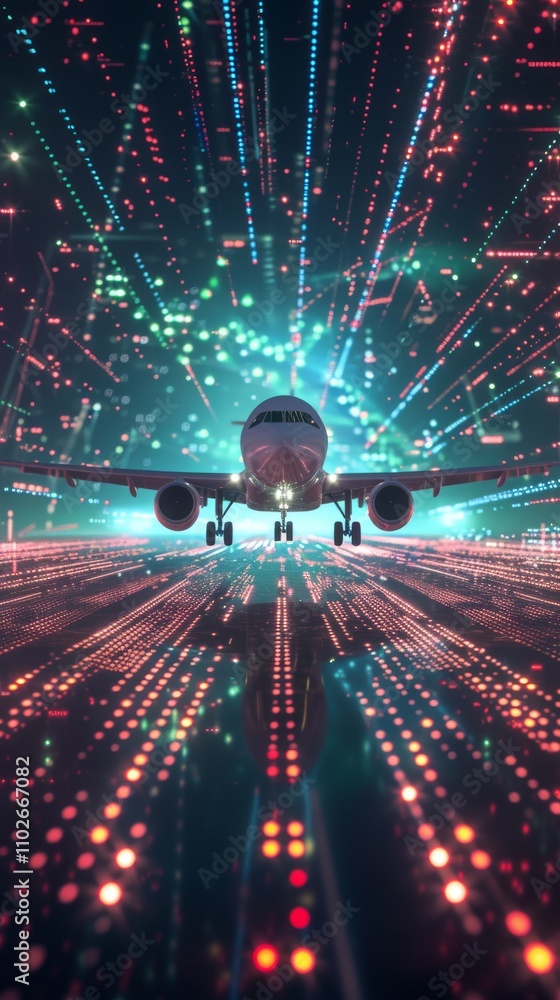 Poster a digital scene of an airplane soaring through a tunnel of glowing data points, capturing the fusion