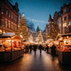 European christmas market scenery at night 