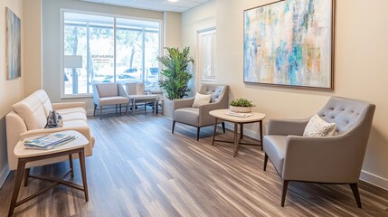 A serene hospital waiting room with contemporary seating, pastel colors, and large windows letting in natural light for a calming atmosphere.
