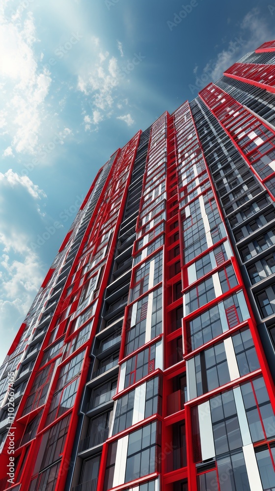 Poster upward perspective of a red and white glass skyscraper with sharp lines, reflecting the bright sky. 