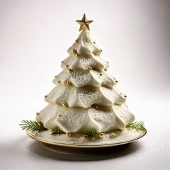 Elegant White Christmas Tree Cake with Gold Decorations - Isolated on White Background