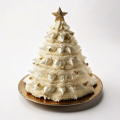 Elegant White Christmas Tree Cake with Gold Decorations - Isolated on White Background