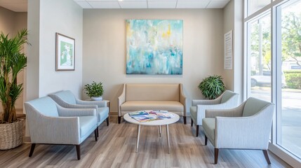 A bright, welcoming hospital waiting room with comfortable chairs and sofas in soft hues, natural light streaming through large windows.

