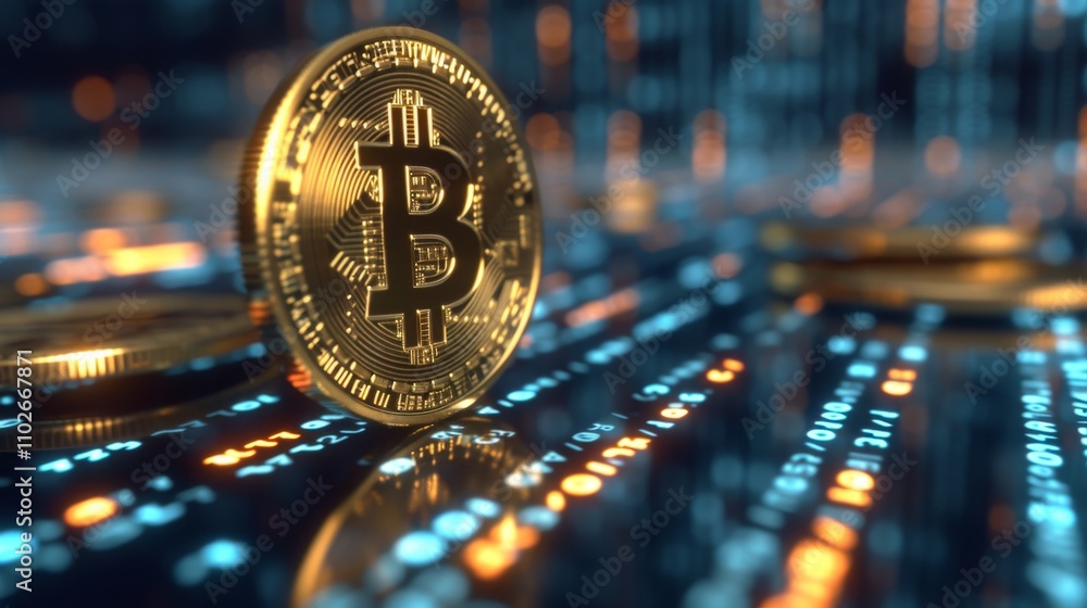 Poster a glowing bitcoin stands out against a digital data grid, representing the intersection of cryptocur