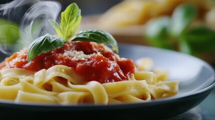 A plate of fresh pasta topped with tomato sauce and basil, steaming hot and ready to serve.