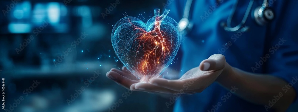 Poster advanced cardiologist examines heart function with futuristic medical technology and virtual interfa