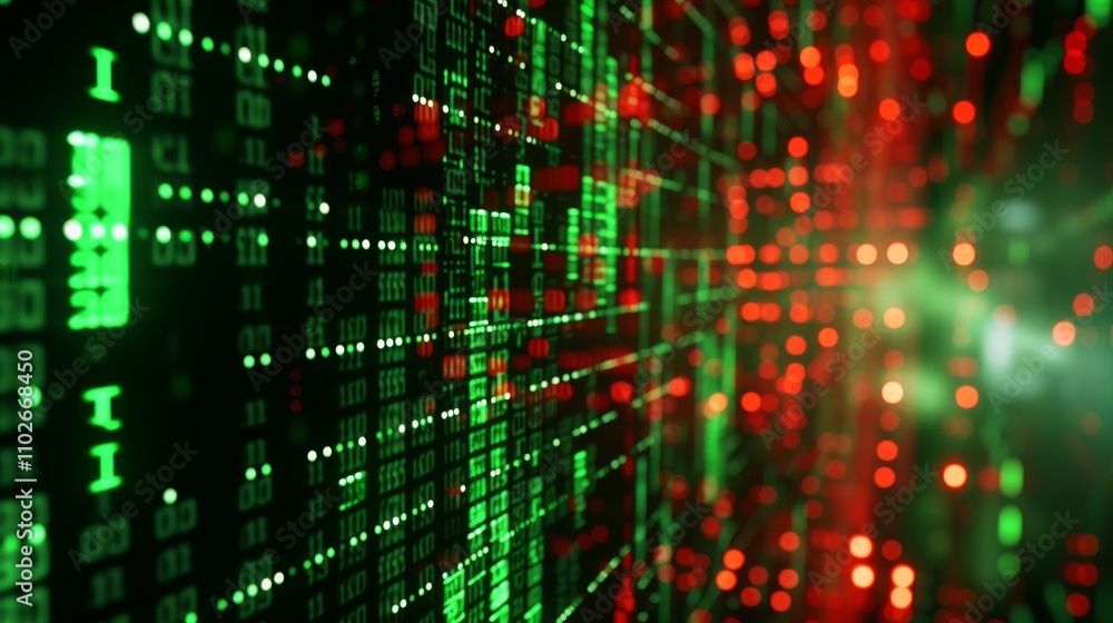 Poster a futuristic digital image with green and red code-like patterns on a grid background. ideal for ill