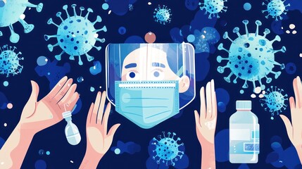A poster featuring guidelines, with visuals of masks and hand sanitizer.