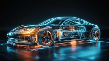 Futuristic car design showcasing internal components in neon style.