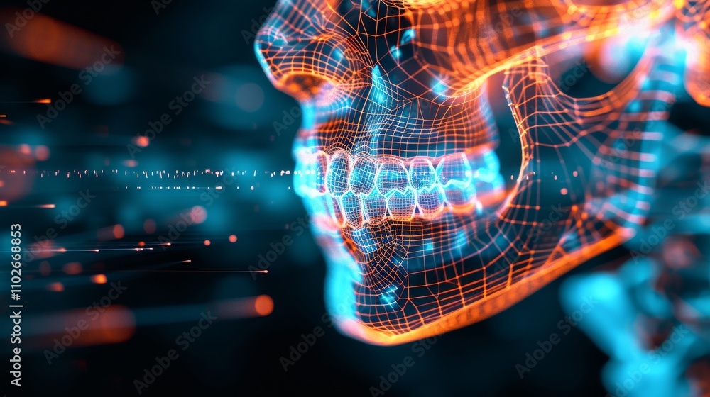 Poster a futuristic digital rendering of a skull with a neon blue color palette, highlighting intricate tec