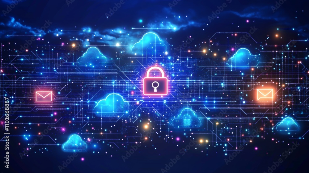 Poster futuristic digital illustration of neon circuit board with cloud computing security and locks