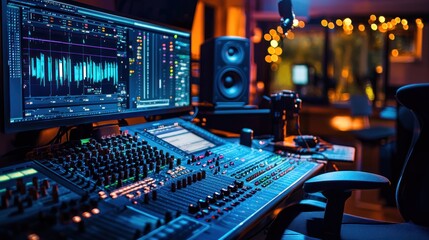 Fototapeta premium A professional media studio with sound equipment, video cameras, and editing software, showcasing the production of entertainment.