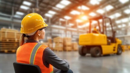 Woman in safety vest and hard hat working in warehouse environment
