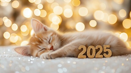 Golden Number "2025" with Sleeping Kitten, Festive New Year Card Design on White and Gold Background with Confetti