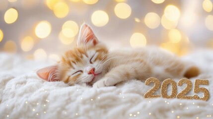 Golden Number "2025" with Sleeping Kitten, Festive New Year Card Design on White and Gold Background with Confetti