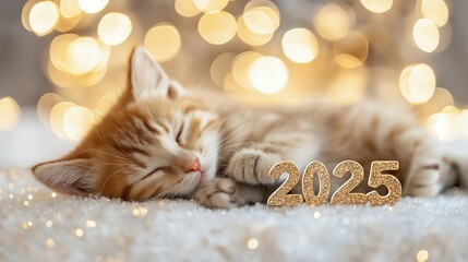 Golden Number "2025" with Sleeping Kitten, Festive New Year Card Design on White and Gold Background with Confetti