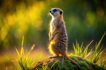 Meerkat Lookout: Adorable Wildlife Photography, Grassland Animal Images, Brown Grass Background, African Savanna Stock Photo