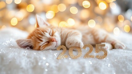 Golden Number "2025" with Sleeping Kitten, Festive New Year Card Design on White and Gold Background with Confetti