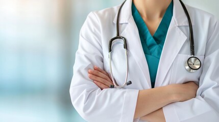 Professional medical practitioner wearing a lab coat and stethoscope, presenting a confident demeanor in a clinical environment for promotional purposes