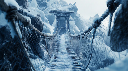 Fototapeta premium rope bridge on ice mountain, winter season