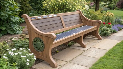 Recycled plastic bench with charming aesthetics seamlessly blending solar panels to contribute energy while enhancing utility.