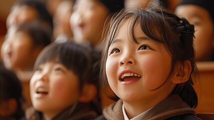 Close-up of Japanese School Children Singing in Auditorium