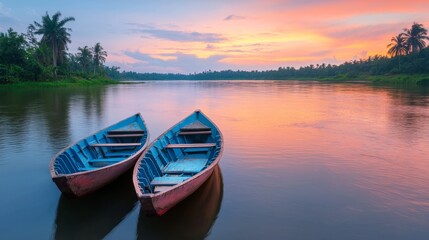Obraz premium Serene Sunset Over Boats in Tranquil Waters Surrounded by Lush Greenery and Palm Trees, Captured in Stunning Detail