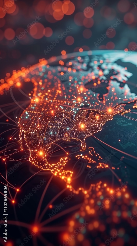 Aufkleber a glowing digital map of north america with data points connected by bright lines, illustrating tech