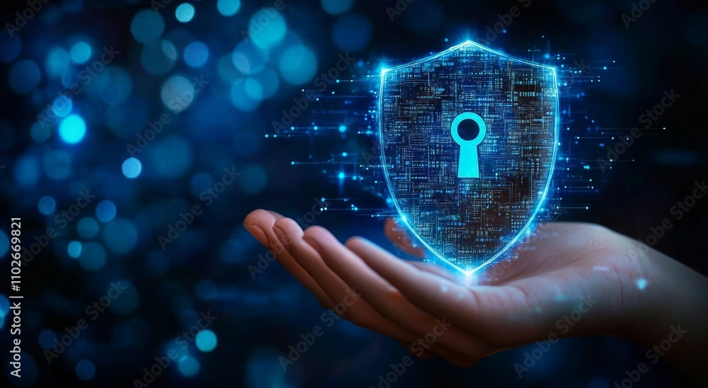 Poster cybersecurity shield with keyhole glowing in blue digital circuitry background