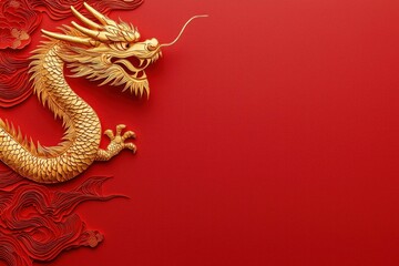 Obraz premium Golden dragon sculpture on a vibrant red background, representing power and strength, ideal for cultural and artistic themes.