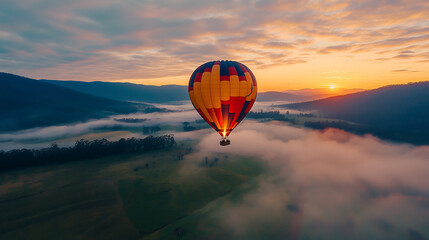 Obraz premium serene adventure scene with hot air balloon soaring above misty valleys at sunrise, showcasing vibrant colors and breathtaking landscapes
