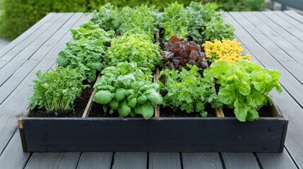Fresh Herb and Vegetable Garden Bed on Wooden Deck