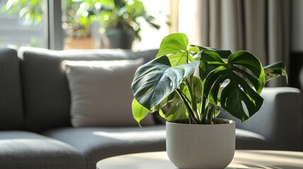 A rare monstera albo plant with stunning yealow variegation in a sleek, modern living