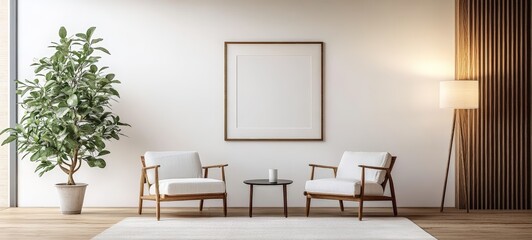 Minimalist White Wall Living Room with Wooden Armchairs and Large Plant