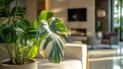 A rare monstera tricolor plant with stunning variegation in a sleek, modern living