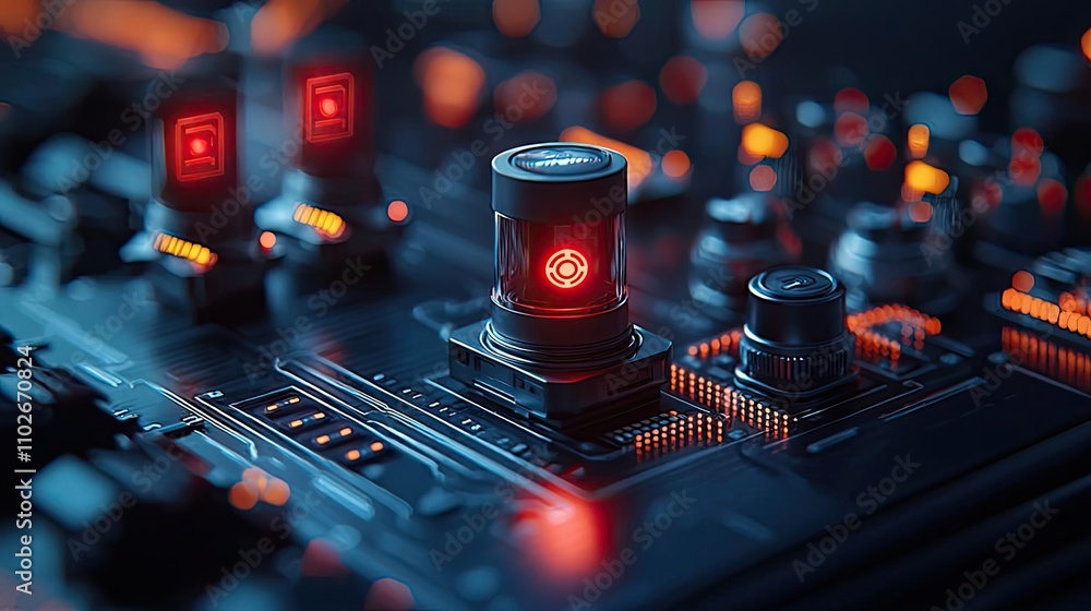 Poster close-up of a circuit board with glowing components in a dark setting.