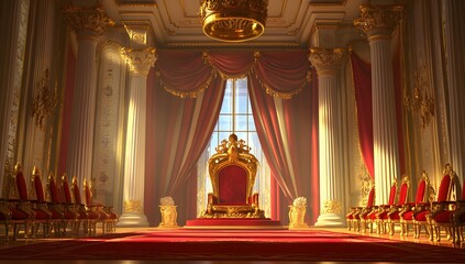 Fototapeta premium A majestic throne room bathed in warm sunlight, featuring a large golden throne and rows of ornate red chairs. The opulent setting exudes power and grandeur.