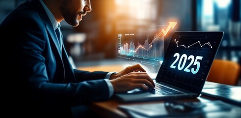 Fototapeta premium Business Growth Strategy 2025 Businessman Analyzing Revenue Trends Future Projections Success Performance Goals