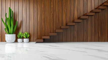 Modern Interior Installation Featuring Stylish Cactus Plants Next to a Beautiful Wooden Wall and Elegant Staircase in a Contemporary Home Setting
