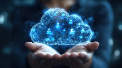 Social network connectivity, person holding cloud of media icons, representing digital communication and global reach