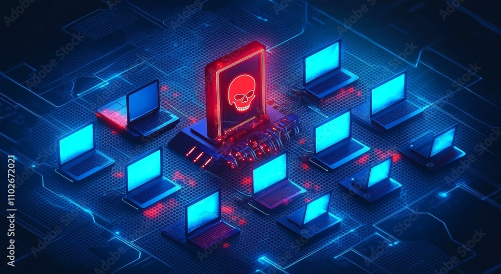 Poster ddos attack visualization network grid with laptops and skull icon
