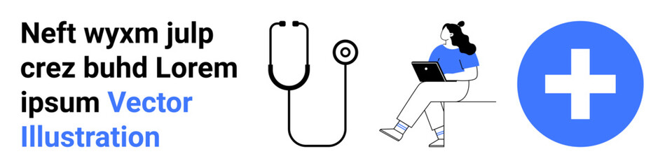 Stethoscope, healthcare professional using laptop, and a medical cross. Ideal for healthcare, technology, telemedicine, digital health, medical services, online consultations, modern medicine