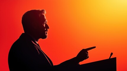 A silhouette of a person gesturing passionately against a vibrant sunset backdrop, conveying a sense of urgency and importance.