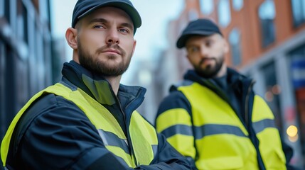 Obraz premium Two security personnel in reflective vests stand confidently on an urban street, showcasing their vigilance and readiness.