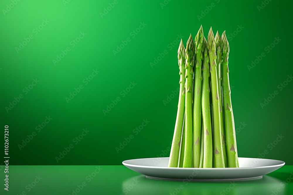 Poster 3D digital rendering of asparagus stalks arranged artistically on a plate, with lifelike textures and realistic lighting