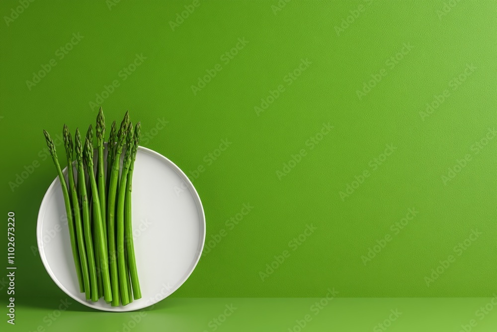 Poster 3D digital rendering of asparagus stalks arranged artistically on a plate, with lifelike textures and realistic lighting