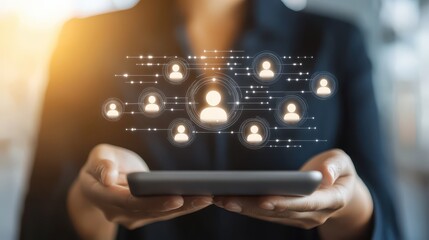 Naklejka premium Woman using smartphone, exploring global network connections in the digital of mobile technology