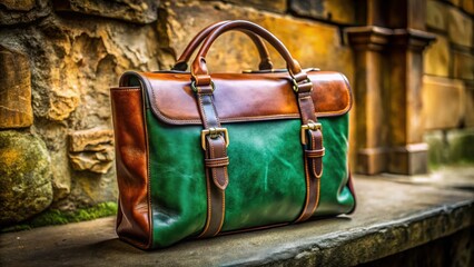 Green and Brown Leather Bag on Weathered Stone Surface - Stylish Accessories, Fashion Photography, Texture, Natural Elements, Outdoor Decor, Vintage 
