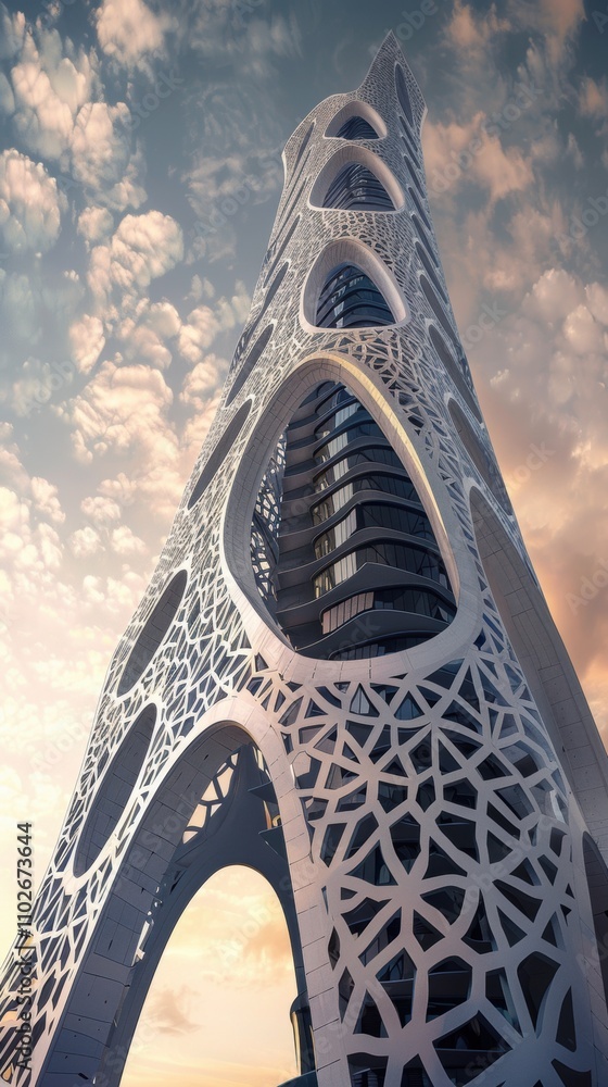 Poster a futuristic skyscraper featuring intricate patterns and a unique design.