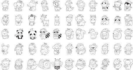 Animals christmas cartoon set cartoon,x mas Woodland Animals Coloring Forest , animal cartoon,Head Animal, Big collection of decorative for kids,baby characters, card,hand drawn, cartoon style.vector